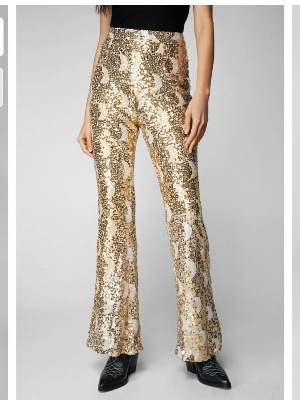 Nasty Gal Festival Rave Party Gold Moon Sequin Wide Flare Leg Pants Size 4 & 8